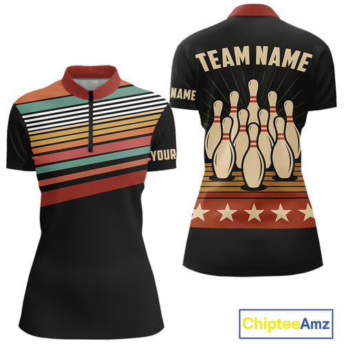 Retro Bowling Polo, Quarter Zip Shirt for Women Custom Vintage Team Bowling Jersey, Gift For Bowlers NQS10567