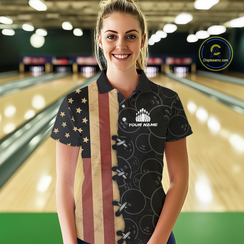 Vintage American Flag Black Bowling Camo Retro Bowling shirts for Women Custom Team bowling jersey NQS10584