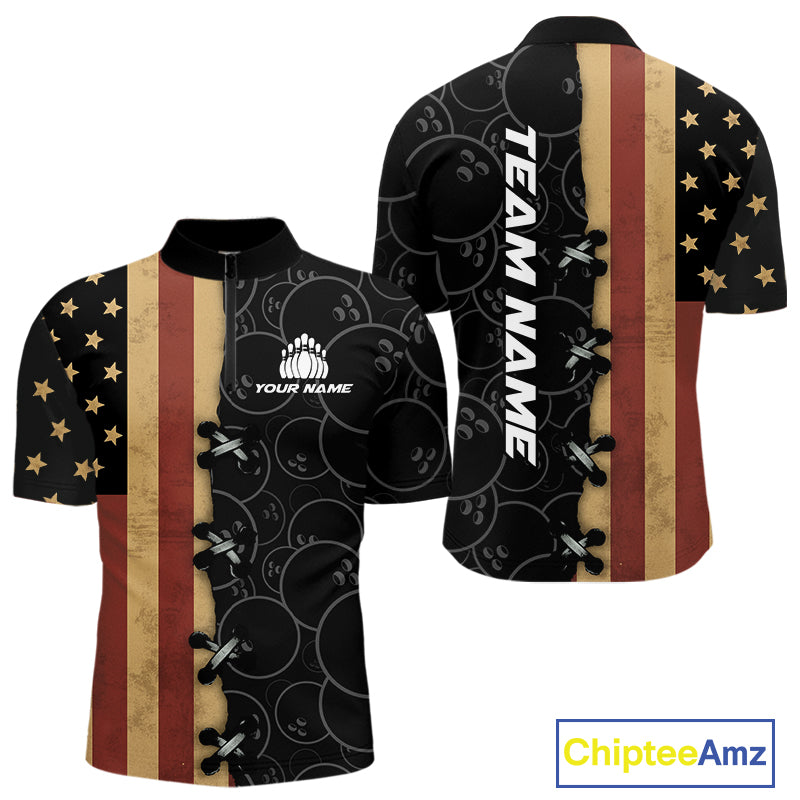Vintage American Flag Black Bowling Camo Retro Bowling shirts for Men Custom Team bowling jersey NQS10584