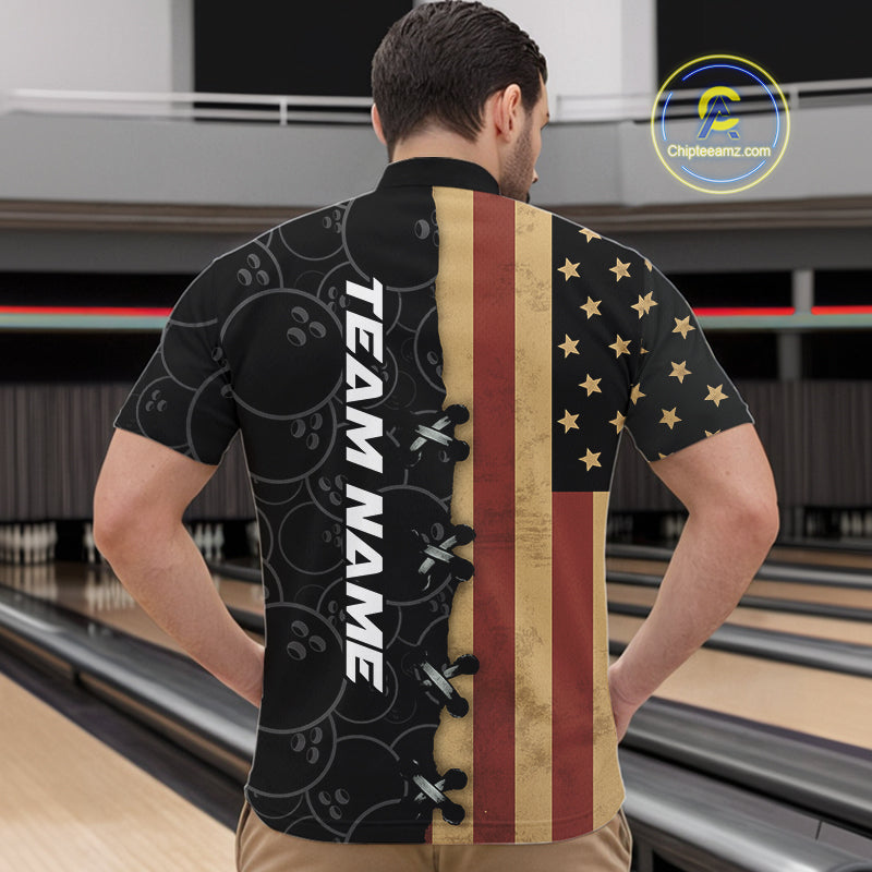 Vintage American Flag Black Bowling Camo Retro Bowling shirts for Men Custom Team bowling jersey NQS10584