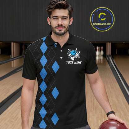 Black and Blue argyle bowling polo shirts, 1/4 zip shirt for men Custom team bowling jerseys men NQS11404