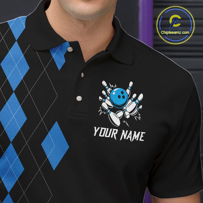 Black and Blue argyle bowling polo shirts, 1/4 zip shirt for men Custom team bowling jerseys men NQS11404