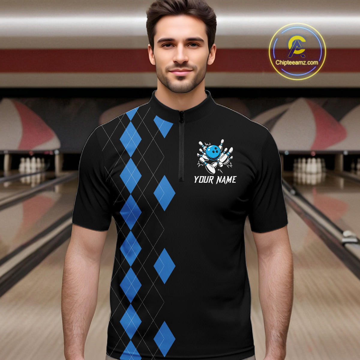 Black and Blue argyle bowling polo shirts, 1/4 zip shirt for men Custom team bowling jerseys men NQS11404