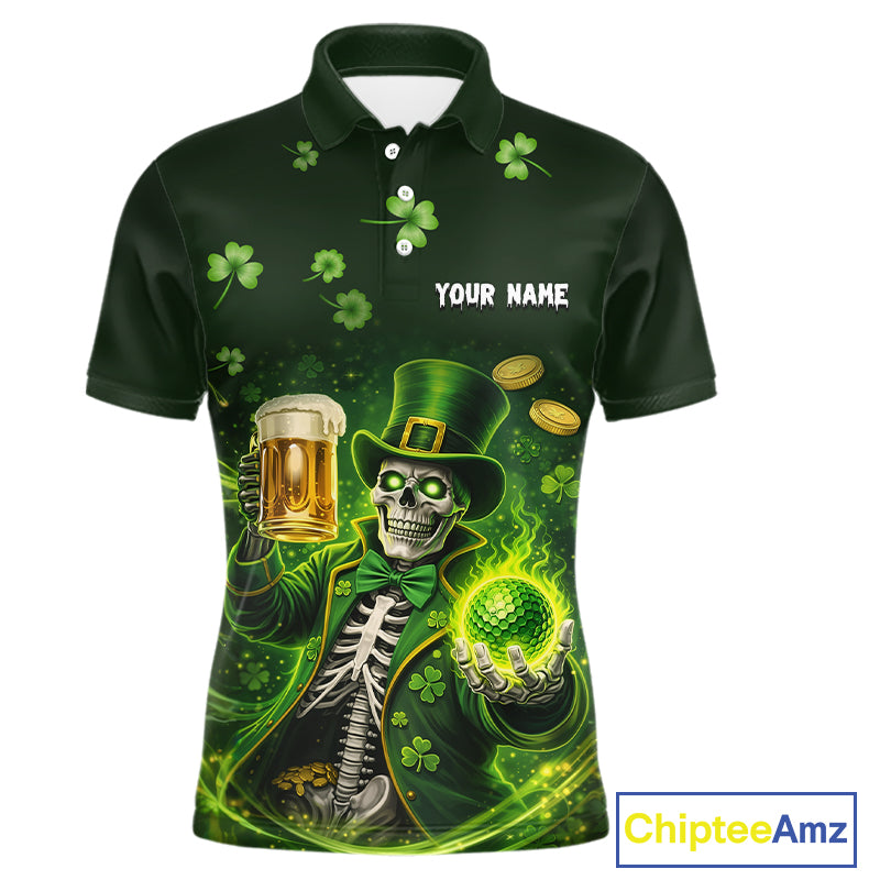 Funny Skull drink beer St Patrick's day Green shamrock Mens Golf Polo Shirts Custom mens golf apparel NQS11411
