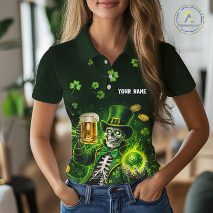 Funny Skull drink beer St Patrick day Green shamrock Women Golf Polo Shirt Custom ladies golf apparel NQS11411