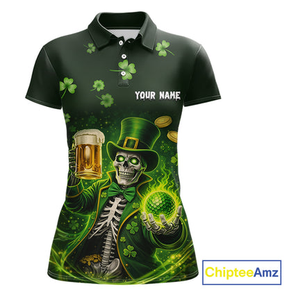 Funny Skull drink beer St Patrick day Green shamrock Women Golf Polo Shirt Custom ladies golf apparel NQS11411