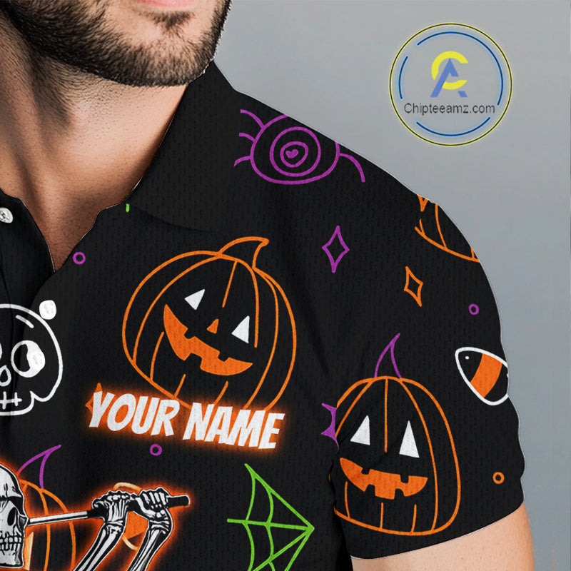 Personalized Funny Halloween Pattern Skull Golf Polo Shirts For Men, Halloween Mens Golf Gifts NQS10836