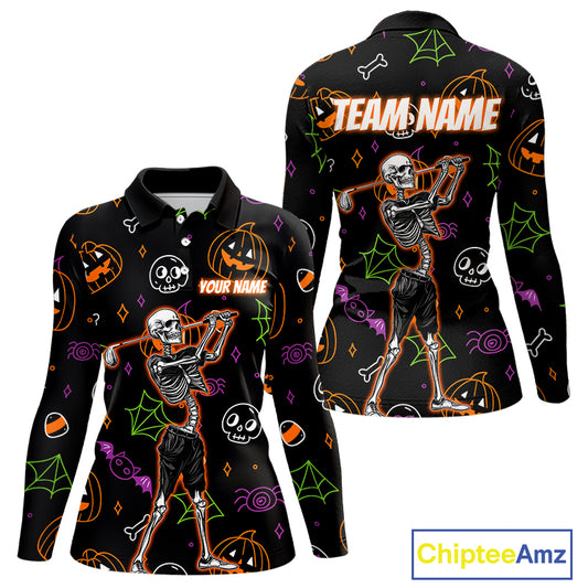 Personalized Funny Halloween Pattern Skull Golf Polo Shirts For Women, Halloween Ladies Golf Gifts NQS10836