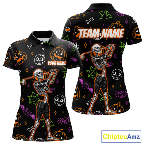 Personalized Funny Halloween Pattern Skull Golf Polo Shirts For Women, Halloween Ladies Golf Gifts NQS10836