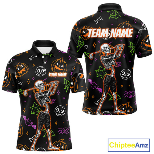 Personalized Funny Halloween Pattern Skull Golf Polo Shirts For Men, Halloween Mens Golf Gifts NQS10836