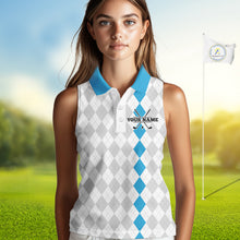 Load image into Gallery viewer, Custom Blue and White argyle pattern Sleeveless Golf Polo Shirt, personalized team ladies golf outfit NQS11210