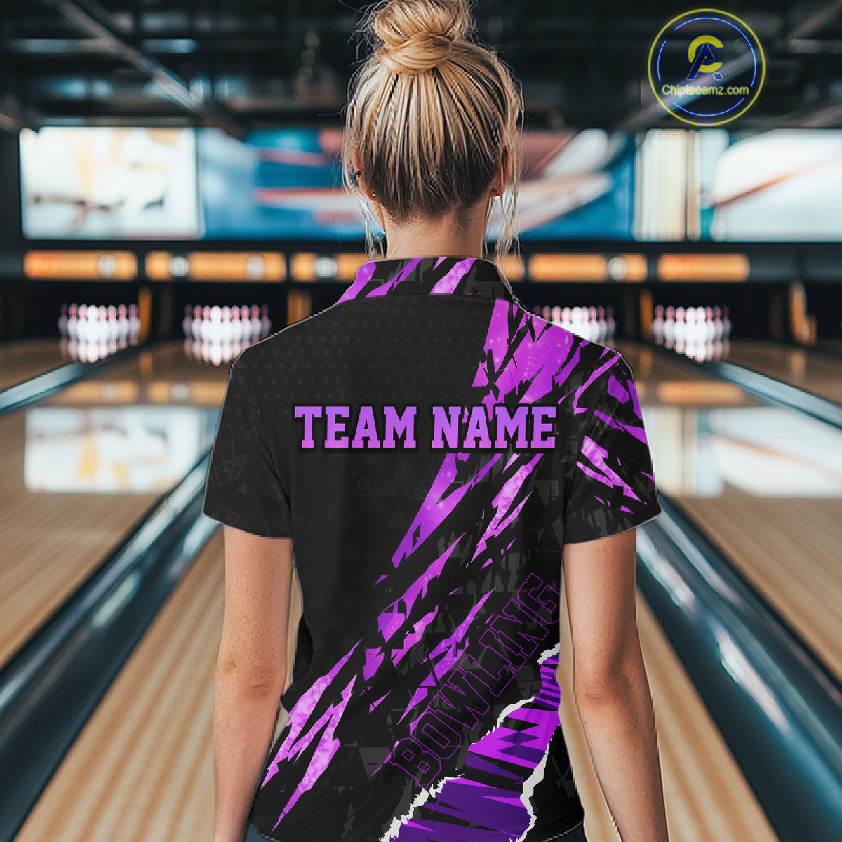 Black and Purple camo Bowling Polo shirts, 1/4 zip shirt for Women custom Bowling Team League Jerseys NQS11420