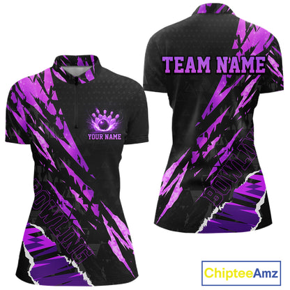 Black and Purple camo Bowling Polo shirts, 1/4 zip shirt for Women custom Bowling Team League Jerseys NQS11420