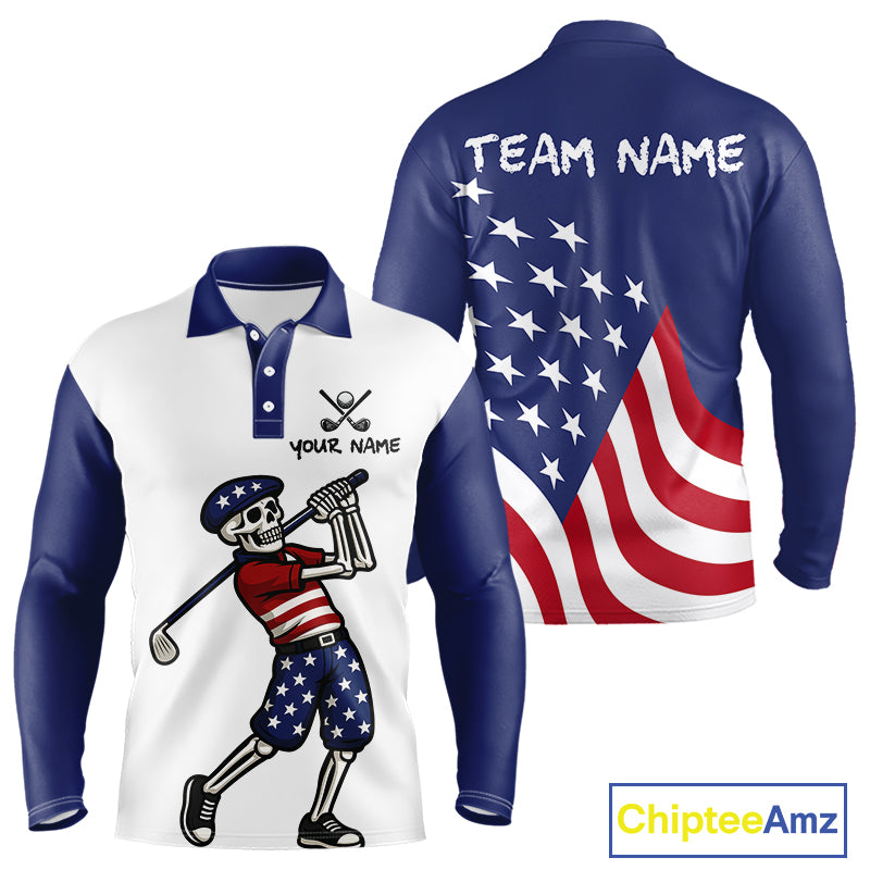 Red, White and Blue American Flag Skull Golf polo shirts for men custom patriotic golf top for men NQS10851