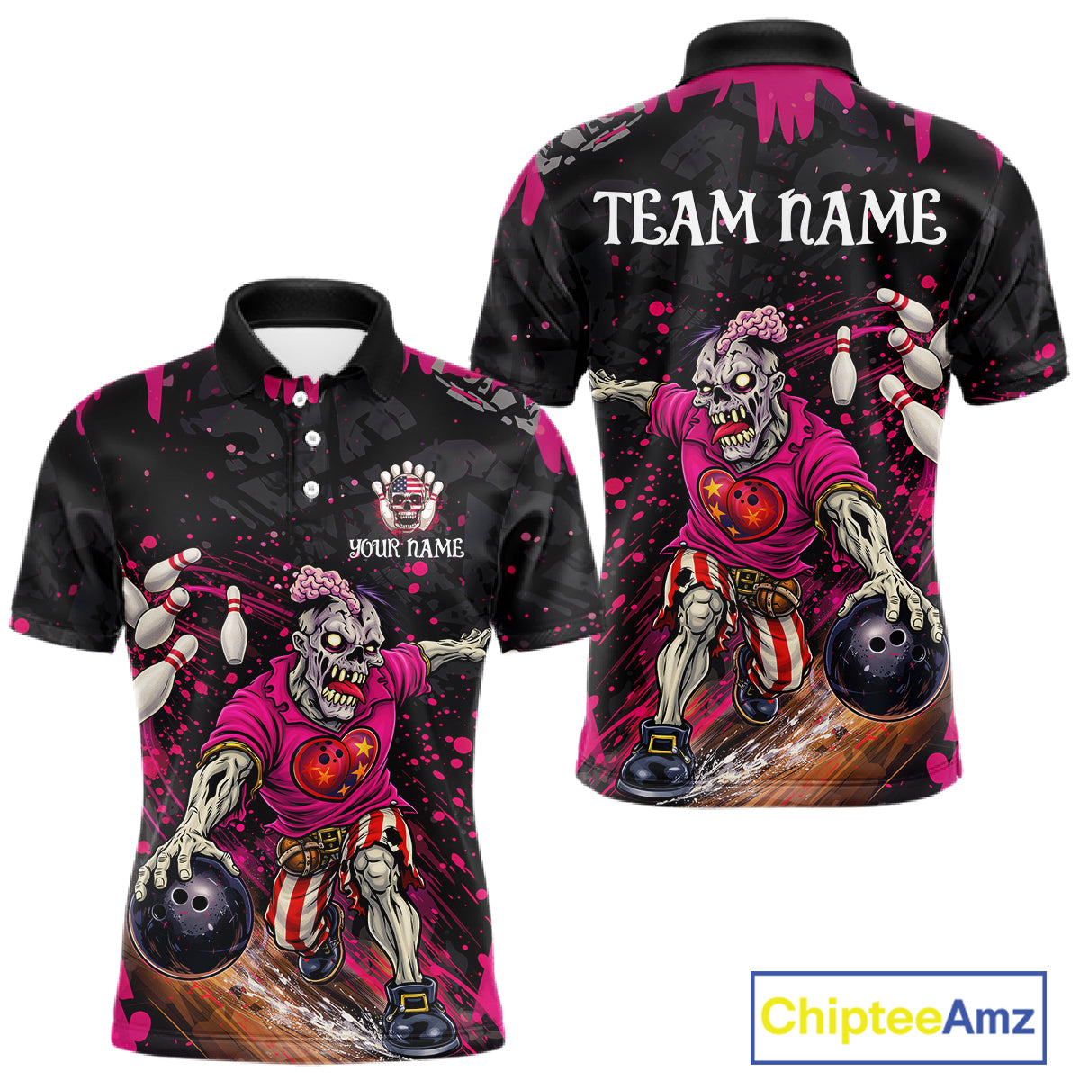 Black and Pink Funny zombie Bowling Shirts For Men Custom Mens Bowling team league jerseys NQS11442