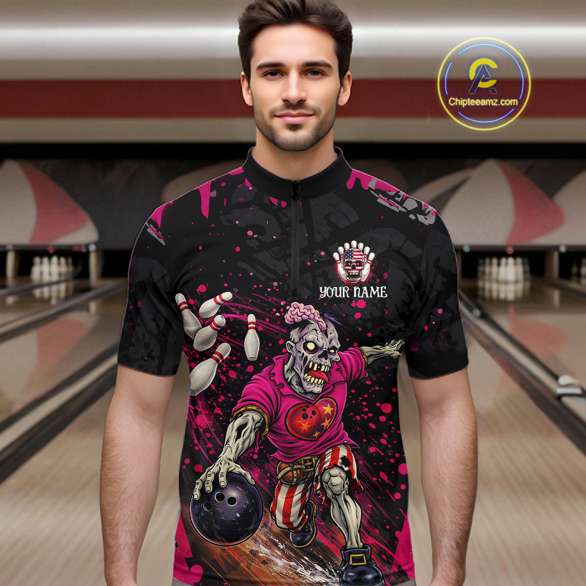 Black and Pink Funny zombie Bowling Shirts For Men Custom Mens Bowling team league jerseys NQS11442