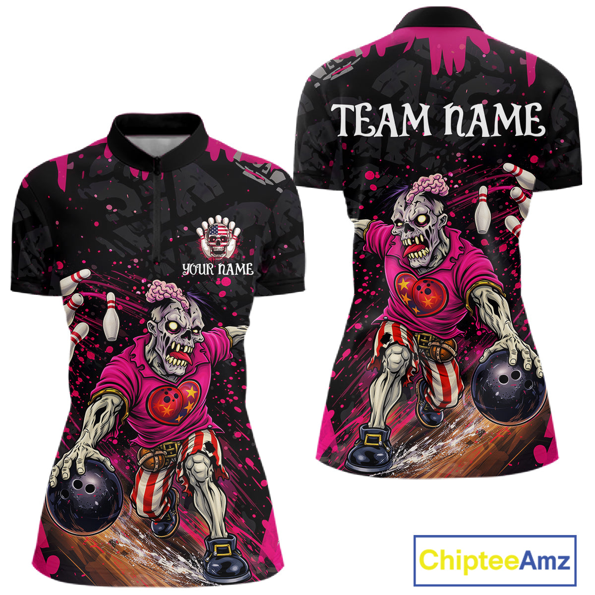 Black and Pink Funny zombie Bowling Shirts For Women Custom Ladies Bowling team league jerseys NQS11442