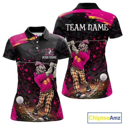 Black and Pink Funny zombie Golf Polo shirts for Women Custom funny women's golf team shirts NQS11443