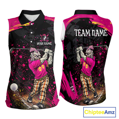 Black and Pink Funny zombie women's sleeveless polo shirts  Custom sleeveless golf shirts for women NQS11443