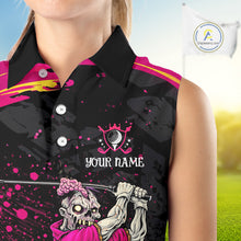 Load image into Gallery viewer, Black and Pink Funny zombie women's sleeveless polo shirts  Custom sleeveless golf shirts for women NQS11443