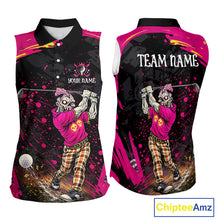 Load image into Gallery viewer, Black and Pink Funny zombie women's sleeveless polo shirts  Custom sleeveless golf shirts for women NQS11443