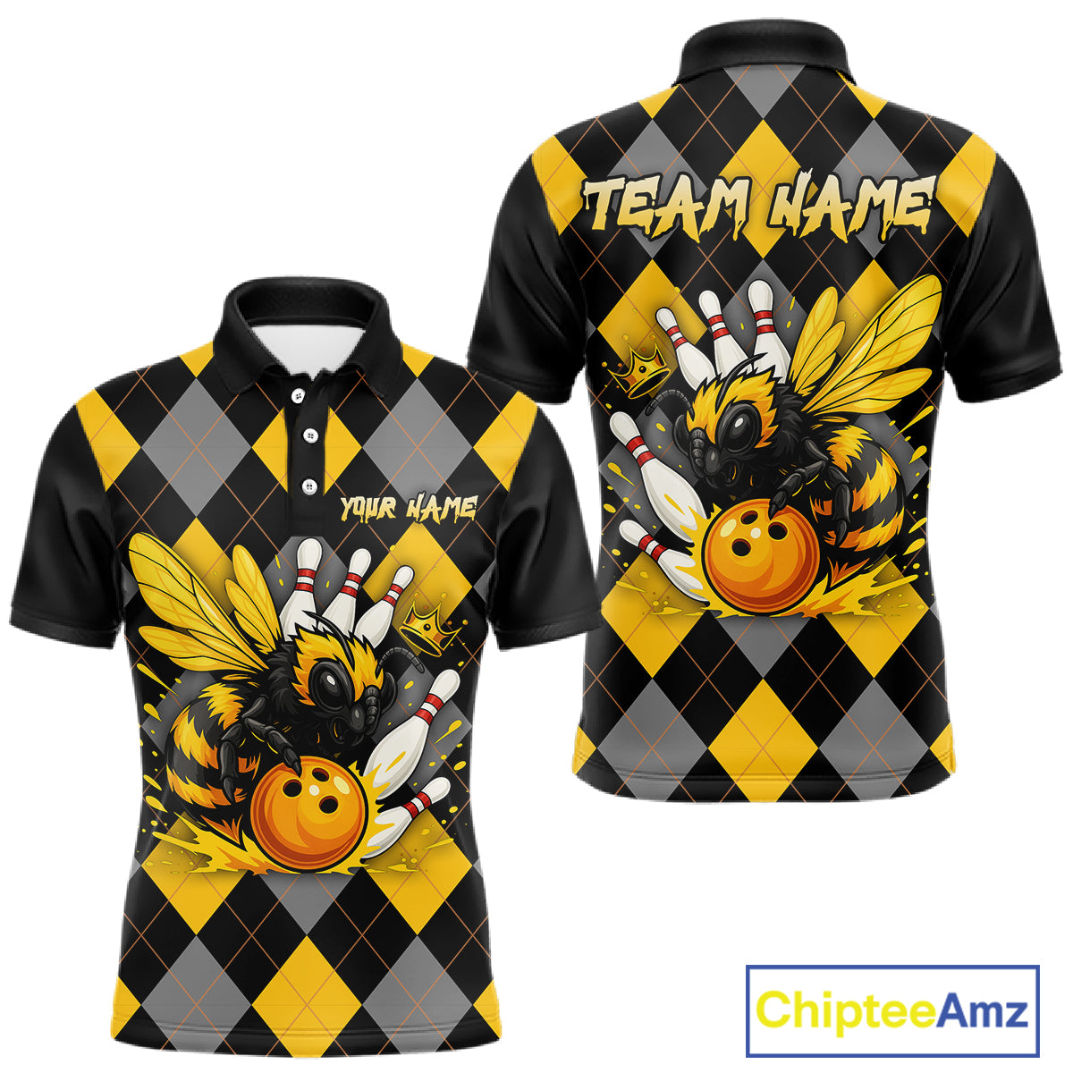 Black and Yellow argyle pattern Honey Bee Bowling shirts for Men Custom Team bowling jerseys NQS11250