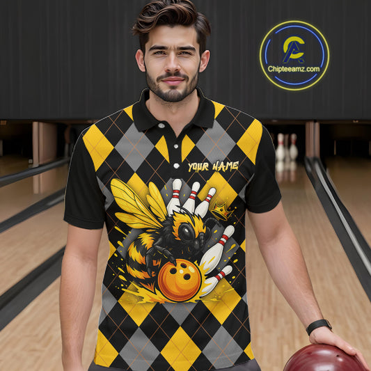 Black and Yellow argyle pattern Honey Bee Bowling shirts for Men Custom Team bowling jerseys NQS11250