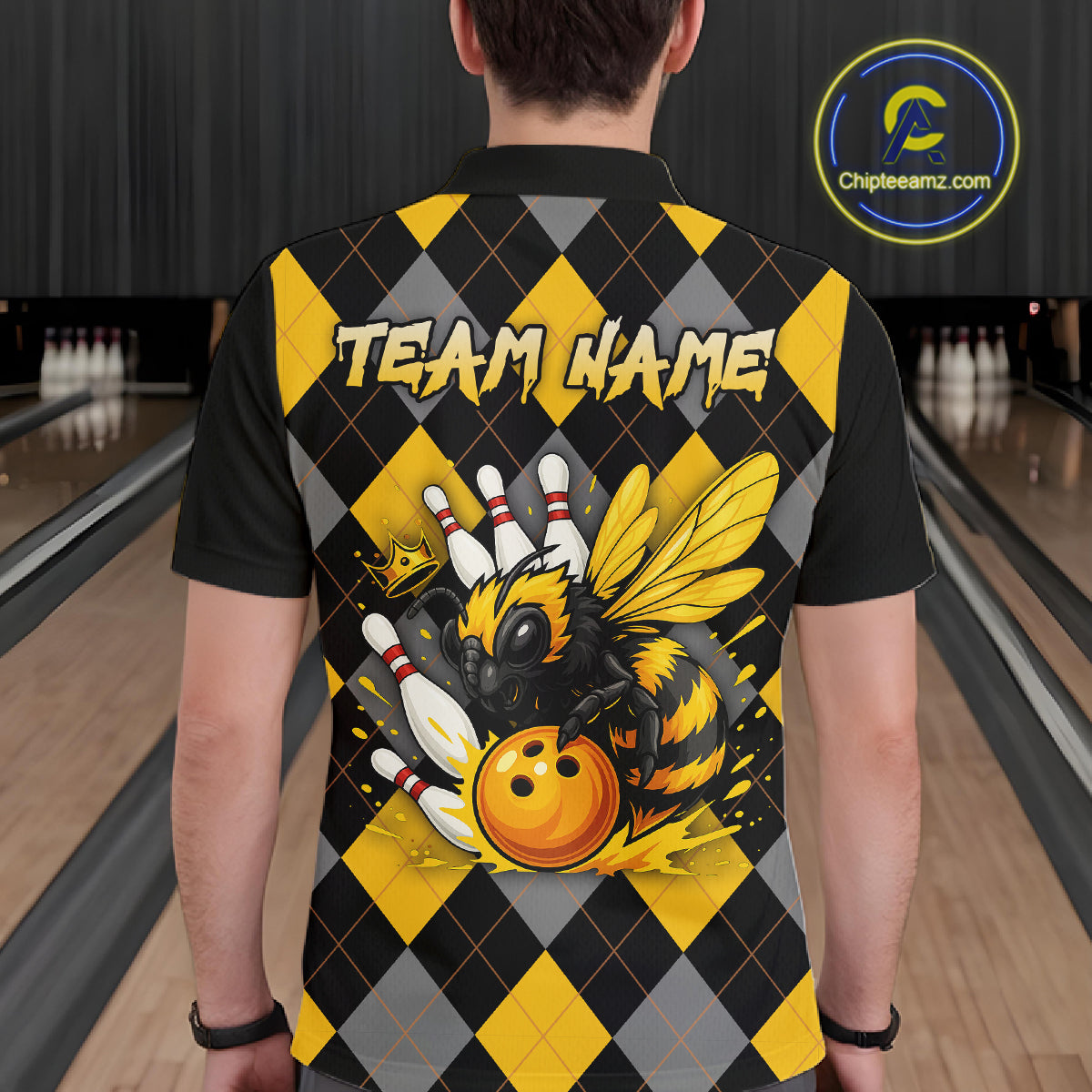 Black and Yellow argyle pattern Honey Bee Bowling shirts for Men Custom Team bowling jerseys NQS11250