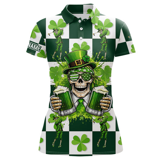 Funny Skull drink beer Clover square pattern Women Golf Polo shirts Custom St Patrick's Day golf tops NQS11454