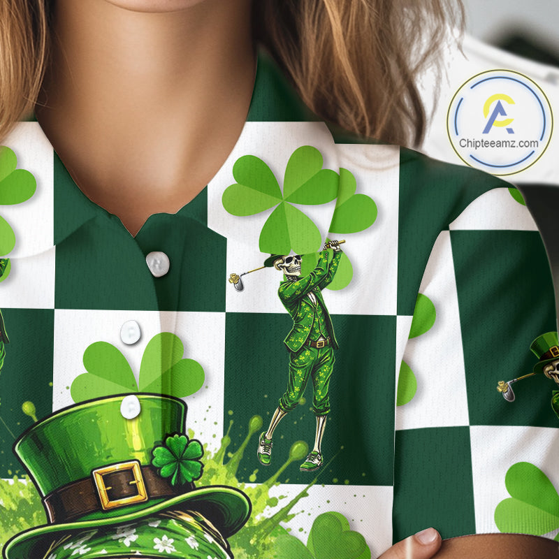 Funny Skull drink beer Clover square pattern Women Golf Polo shirts Custom St Patrick's Day golf tops NQS11454