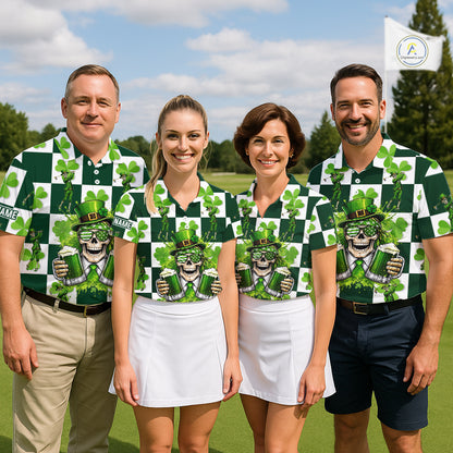 Funny Skull drink beer Clover square pattern Women Golf Polo shirts Custom St Patrick's Day golf tops NQS11454