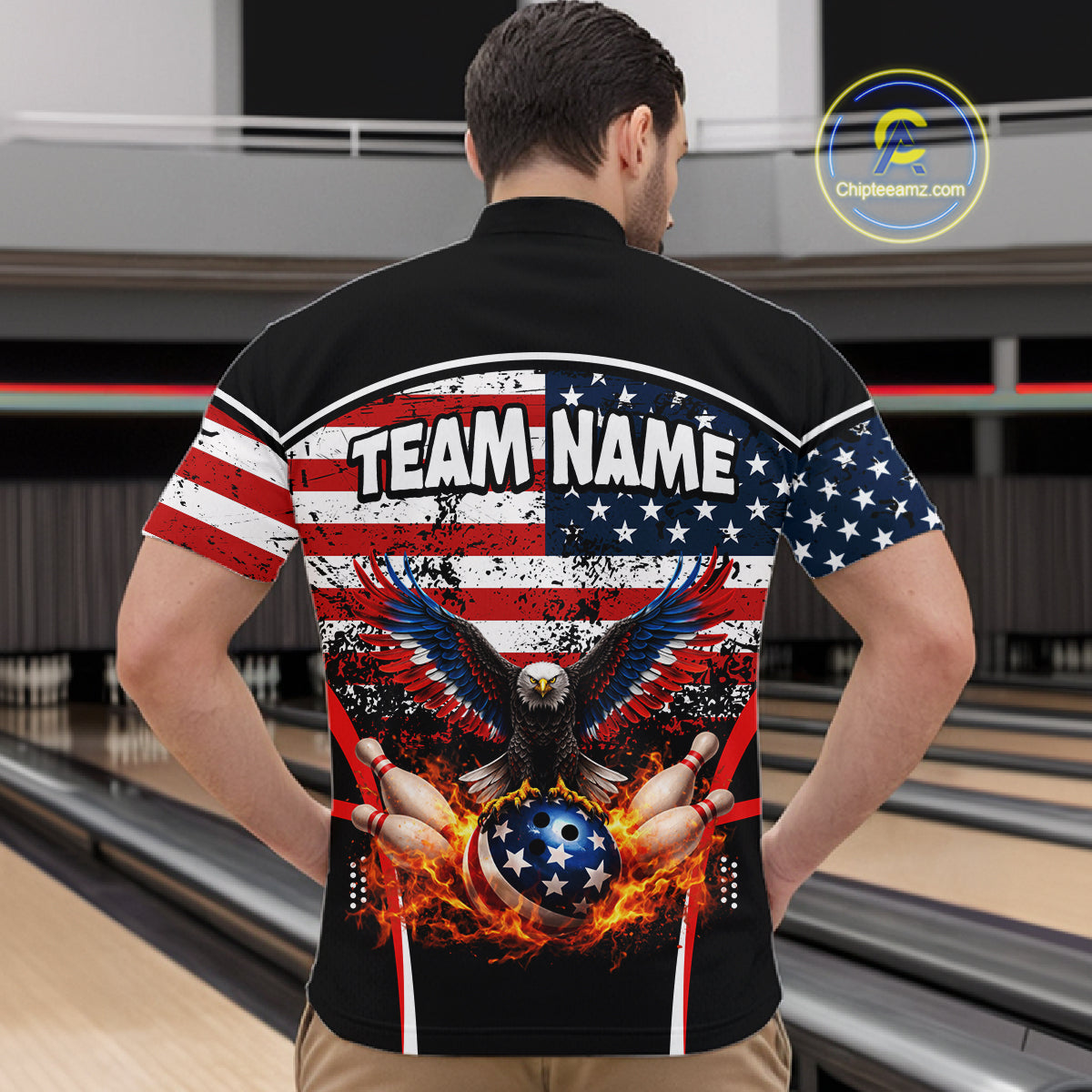 American Flag Eagle Flame Bowling Shirts For Men Custom patriotic Bowling Team Jerseys NQS11735