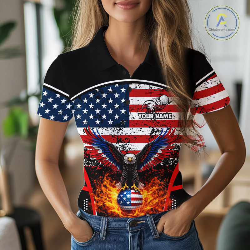 Red, White and Blue American Flag Eagle Flame Golf polo shirt for Women custom patriotic golf attire NQS11736