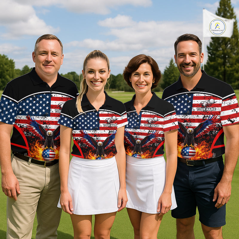 Red, White and Blue American Flag Eagle Flame Golf polo shirt for men custom patriotic golf attire NQS11736