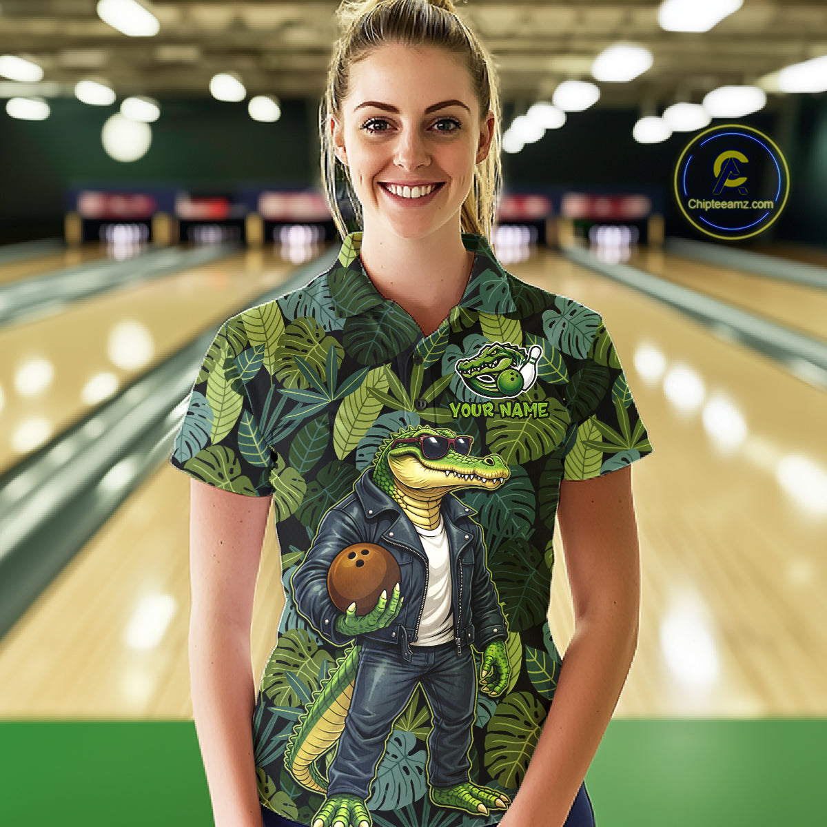 Green tropical leaf pattern Funny Alligator Bowling Shirts For Women Custom Bowling Team Jerseys NQS11744
