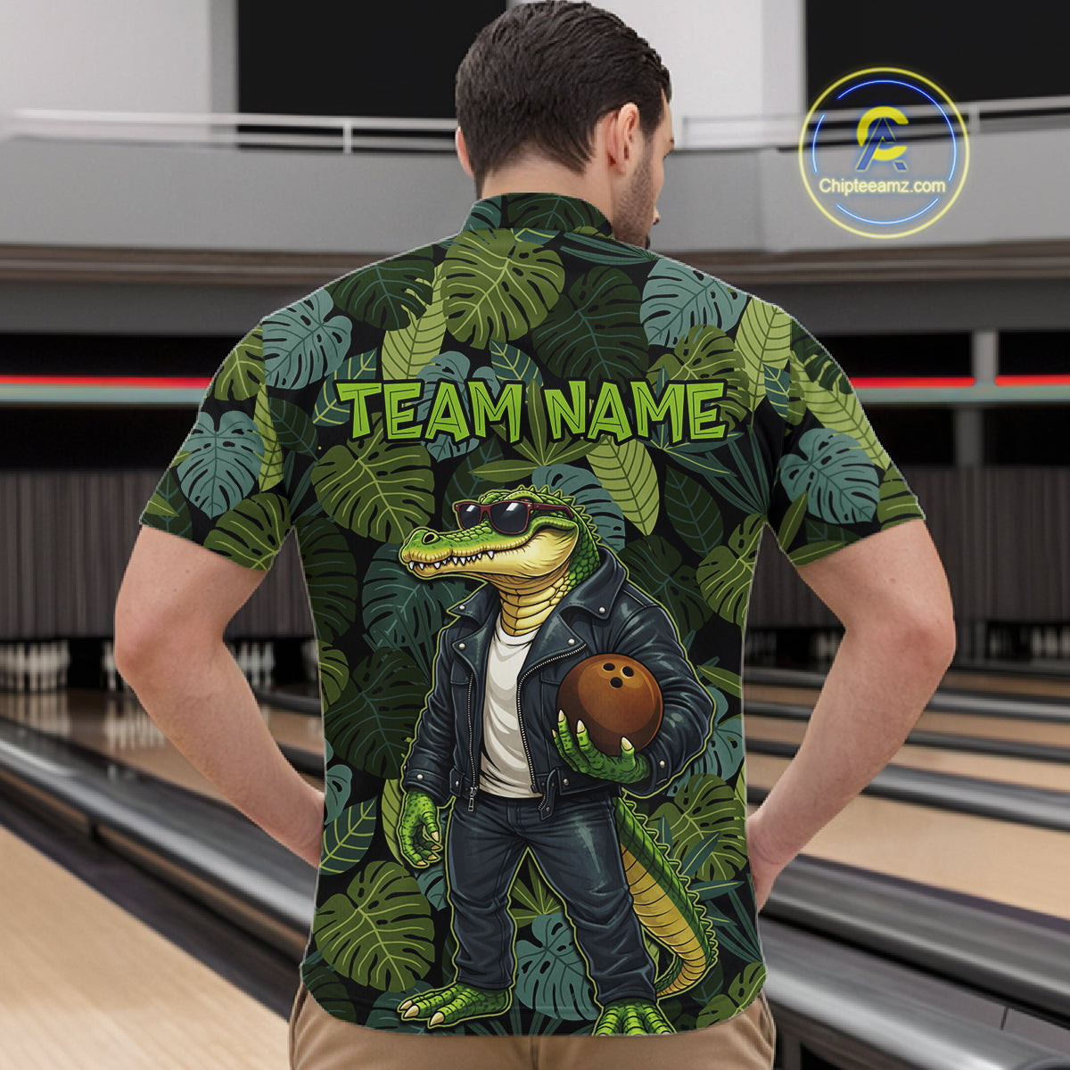 Green tropical leaf pattern Funny Alligator Bowling Shirts For Men Custom Bowling Team Jerseys NQS11744