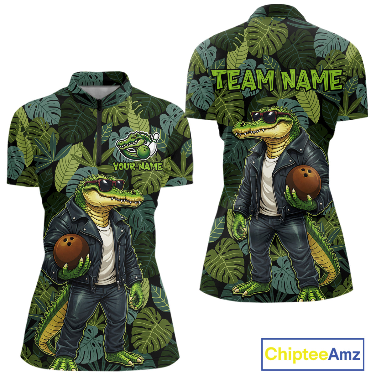 Green tropical leaf pattern Funny Alligator Bowling Shirts For Women Custom Bowling Team Jerseys NQS11744