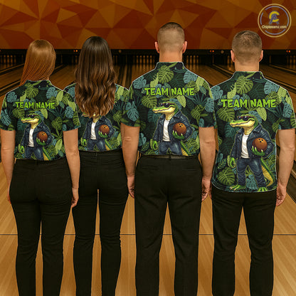 Green tropical leaf pattern Funny Alligator Bowling Shirts For Men Custom Bowling Team Jerseys NQS11744