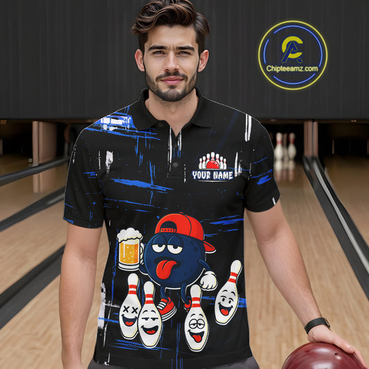 Custom Black And Blue Funny Beer Bowling Men Polo, Quarter Zip Shirts, funny bowling shirts NQS11488