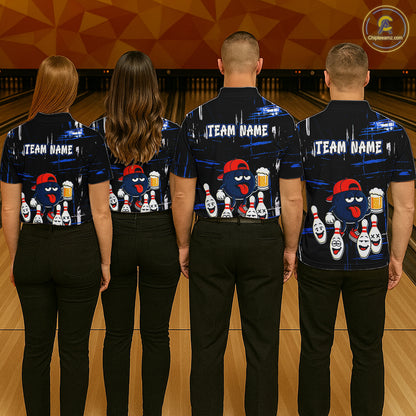 Custom Black And Blue Funny Beer Bowling Men Polo, Quarter Zip Shirts, funny bowling shirts NQS11488