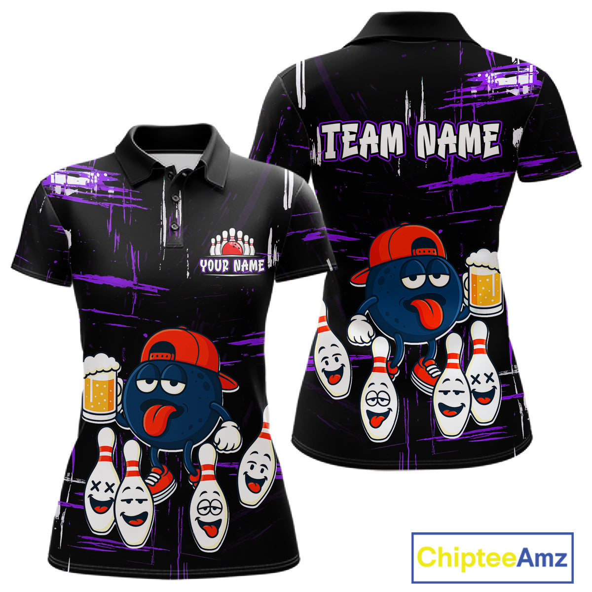 Custom Black And Purple Funny Beer Bowling Women Polo, Quarter Zip Shirts, funny bowling shirts NQS11489