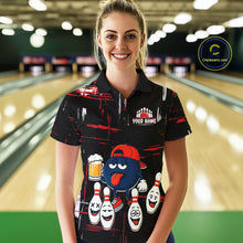 Load image into Gallery viewer, Custom Black And Red Funny Beer Bowling Women Polo, Quarter Zip Shirts, funny bowling shirts NQS11490