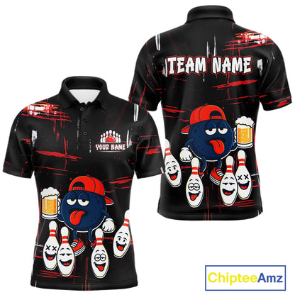 Custom Black And Red Funny Beer Bowling Men Polo, Quarter Zip Shirts, funny bowling shirts NQS11490