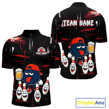 Custom Black And Red Funny Beer Bowling Men Polo, Quarter Zip Shirts, funny bowling shirts NQS11490