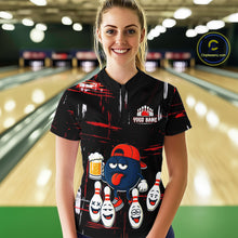 Load image into Gallery viewer, Custom Black And Red Funny Beer Bowling Women Polo, Quarter Zip Shirts, funny bowling shirts NQS11490