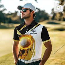 Load image into Gallery viewer, Black and White Gold Flame Golf Polo Shirts For Men custom team men golf attire, gift for golf lovers NQS10905