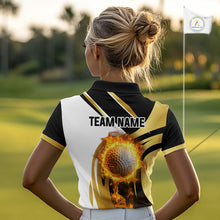 Load image into Gallery viewer, Black &amp; White Gold Flame Women Golf Polo Shirts custom team ladies golf attire, gift for golf lovers NQS10905
