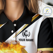Load image into Gallery viewer, Black &amp; White Gold Flame Women Golf Polo Shirts custom team ladies golf attire, gift for golf lovers NQS10905
