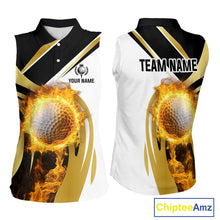 Load image into Gallery viewer, Black &amp; White Gold Flame Women Sleeveless Polo Shirt custom team ladies golf attire, golf gifts NQS10905
