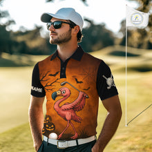 Load image into Gallery viewer, Black and Orange Funny Flamingo Golf Polo Shirt For Men Custom Halloween Golf Attire Golfing Gifts NQS10701
